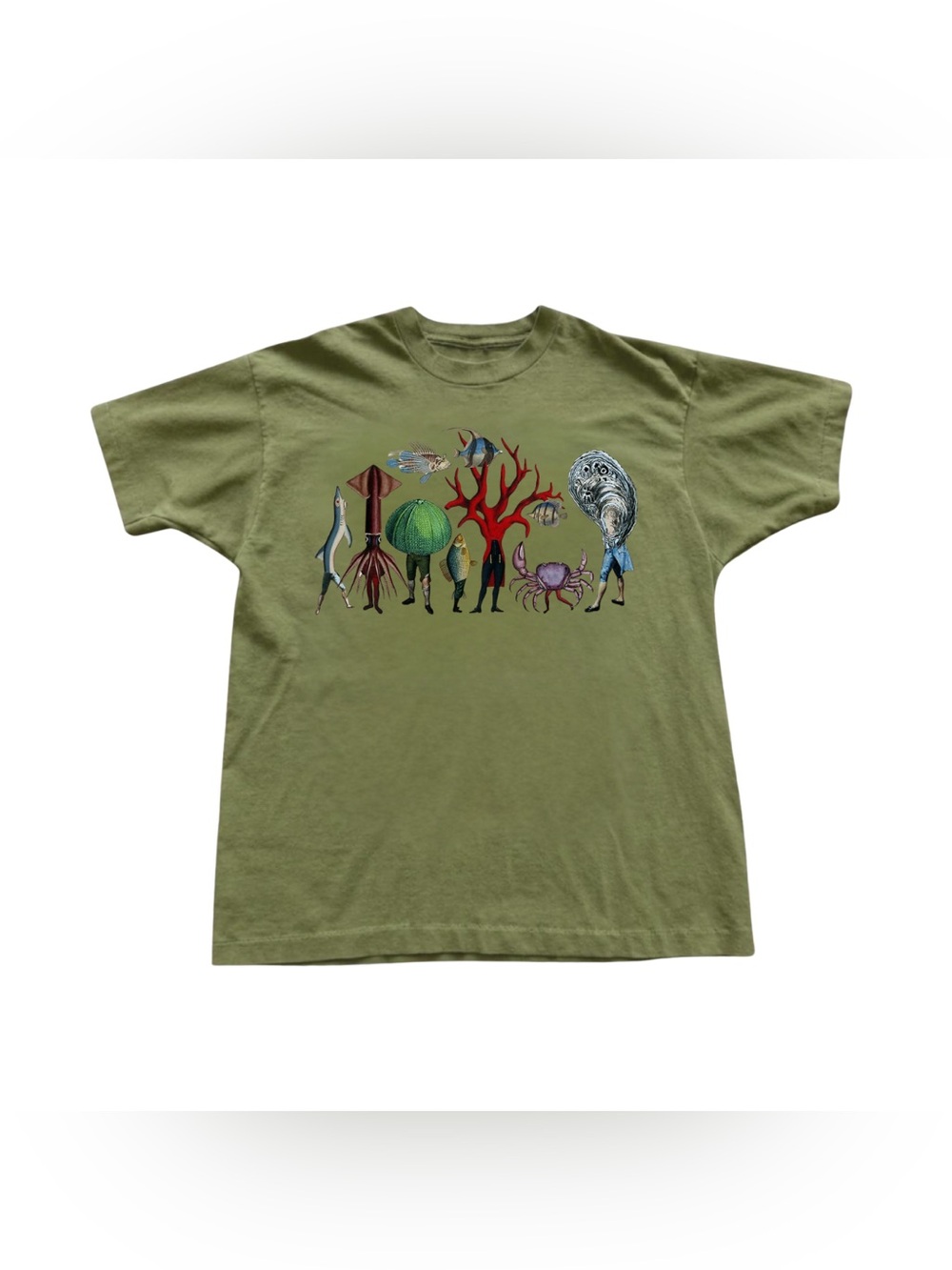 Military Green Short Sleeve Tee with Colorful Ocean Creature Graphic